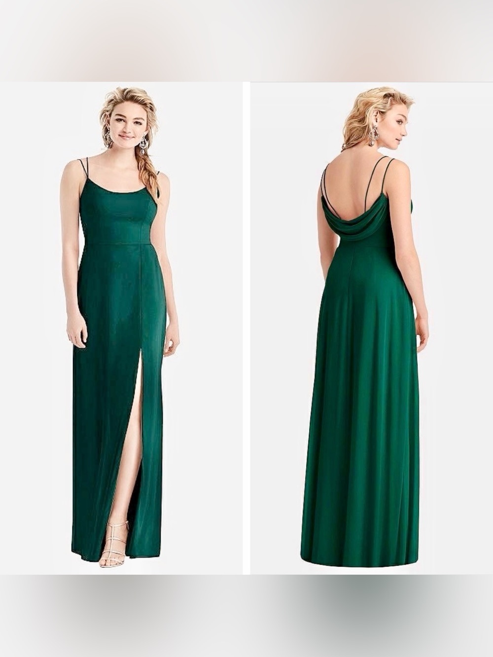 NWT Dessy Collection Cowl-Back Double Strap Maxi Dress, Side Slit in Green, 6-R